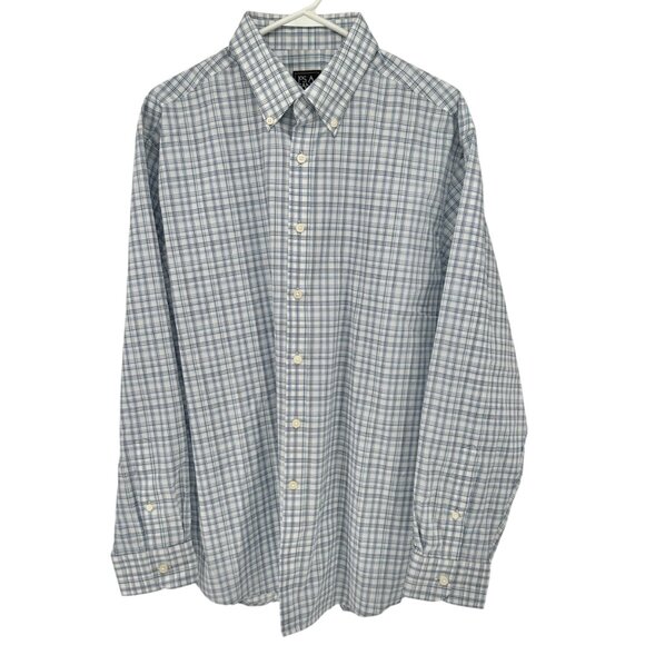 Jos A Bank Traveler Tailored Shirt L Blue Plaid Cotton Blend LS TravelTech - Picture 1 of 8